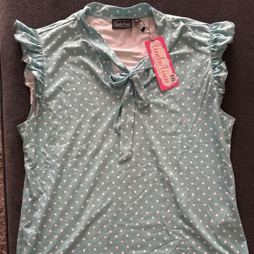 Voodoo Vixen - Light Blue Top with White Polka Dots. Size XXL (US 12/14, UK 16)